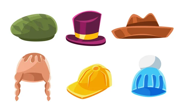 Headwear Collection, Male and Female Cartoon Hats Vector Illustration — ストックベクタ