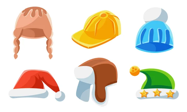 Headwear Collection, Different Kind of Hats, Knitted and Fur Hat, Baseball, Santa Claus and Elf Cap Vector Illustration — ストックベクタ