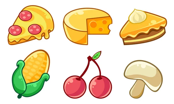 Ensemble d'icônes alimentaires, pizza, fromage, tarte à la citrouille, maïs, cerise, illustration vectorielle de champignons — Image vectorielle