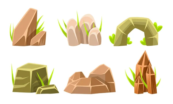 Rocas y rocas con conjunto de hierba, elementos de paisaje de verano Vector ilustración — Vector de stock