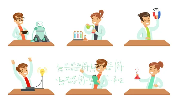 Set di scienziati per bambini, ragazzi e ragazze in camici che fanno esperimenti nell'illustrazione vettoriale di laboratorio — Vettoriale Stock