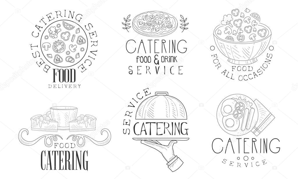 Catering Food and Drink Service Hand Drawn Retro Labels Set, Food for All Occasions Monochrome Badges Vector Illustration