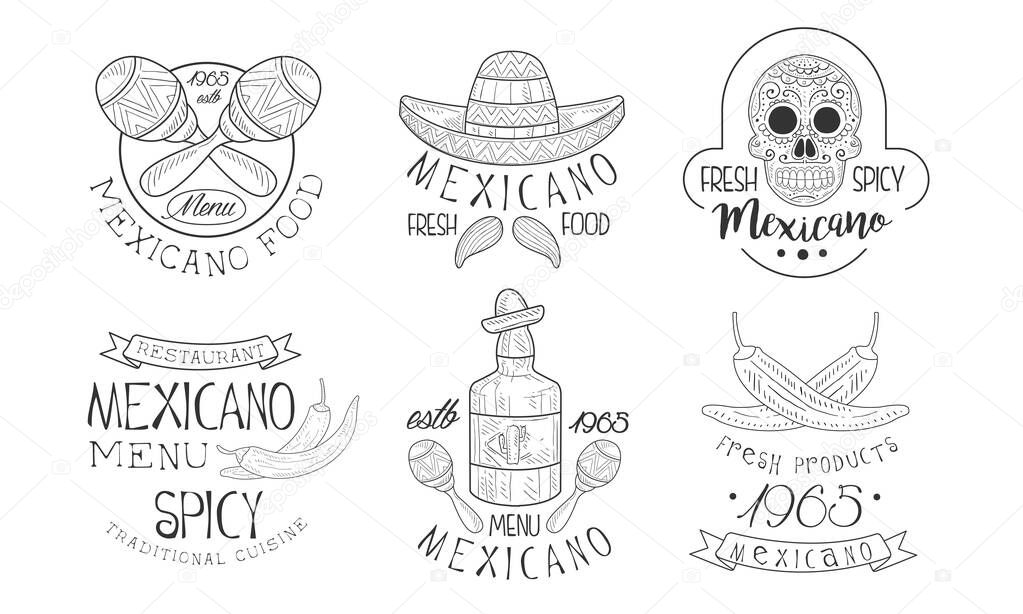 Mexicano Menu Traditional Spicy Cuisine Hand Drawn Retro Labels Set, Fresh Mexicano Food Monochrome Badges Vector Illustration on White Background.