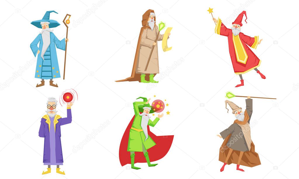 Old Fairytale Wizard Characters Set, Male Magician or Warlock in Hat and Mantle Practicing Wizardry Vector Illustration