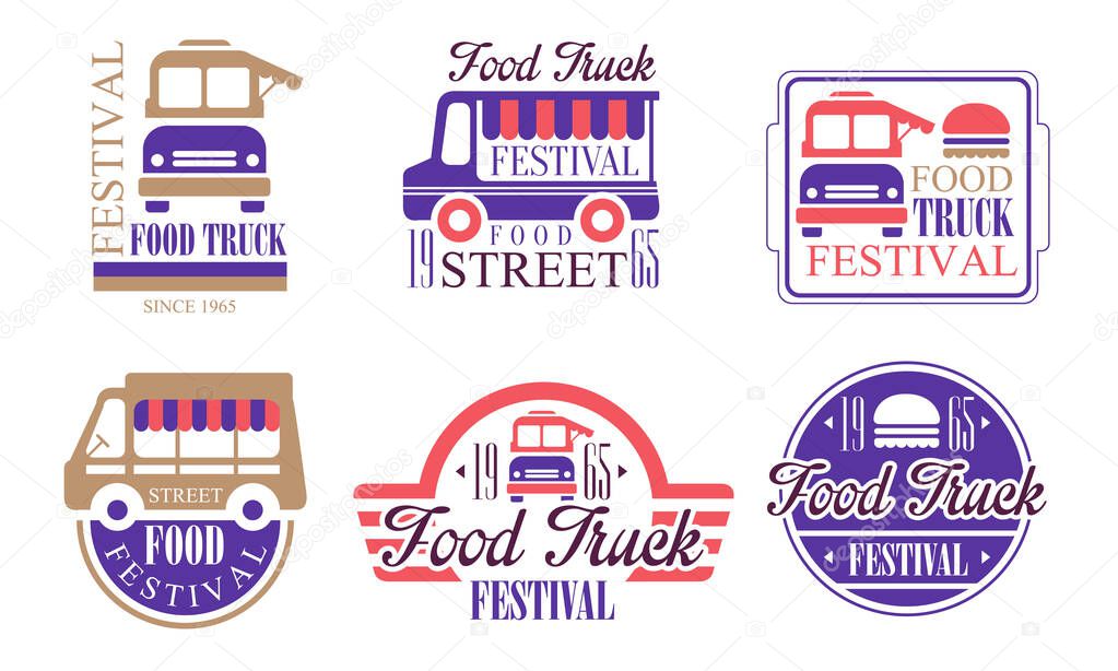 Food Truck Festival Vintage Labels Set, Street Food Emblems Vector Illustration on White Background.