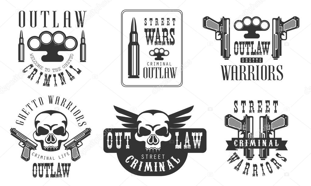 Outlaw Street Criminal Retro Labels Set, Ghetto Warriors Black Badges Vector Illustration on White Background.