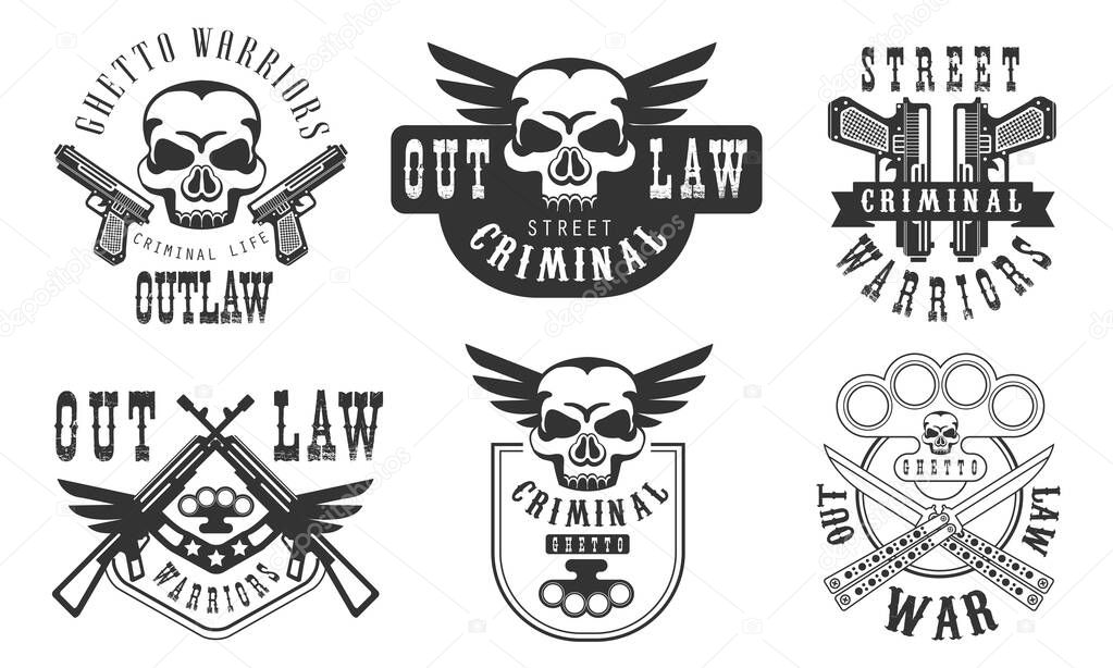 Outlaw Street Criminal Retro Labels Set, Welcome to the Ghetto Black Badges Vector Illustration on White Background.