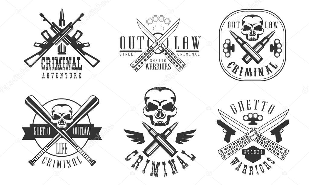 Outlaw Street Criminal Retro Labels Set, Ghetto Warriors Black Badges Vector Illustration on White Background.