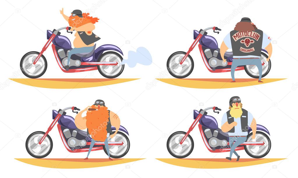 Brutal Biker Character Riding Motorbike Set, Motorcyclist in Black Leather Vest and His Motorcycle, Side View Vector Illustration