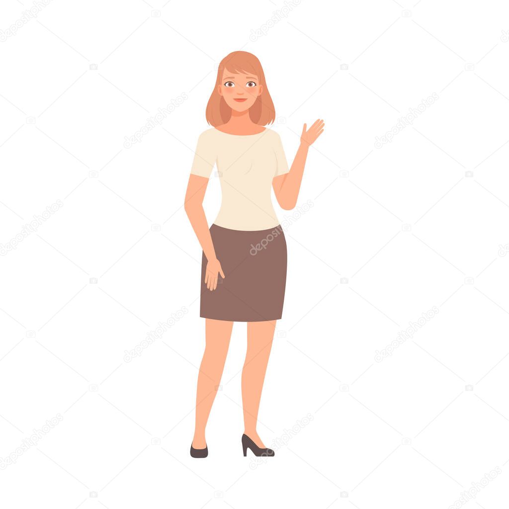 Girl say hi and wawing hand vector illustration