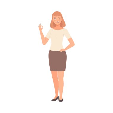 Girl winks and shows OK hand sign vector illustration