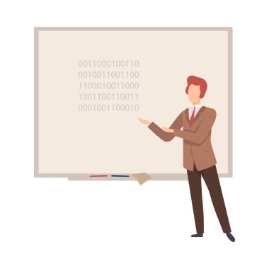 Man stands near the blackboard and teaches programming vector illustration clipart
