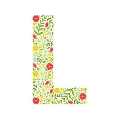 Capital Letter L, Green Floral Alphabet Element, Font Uppercase Letter Made of Leaves and Flowers Pattern Vector Illustration