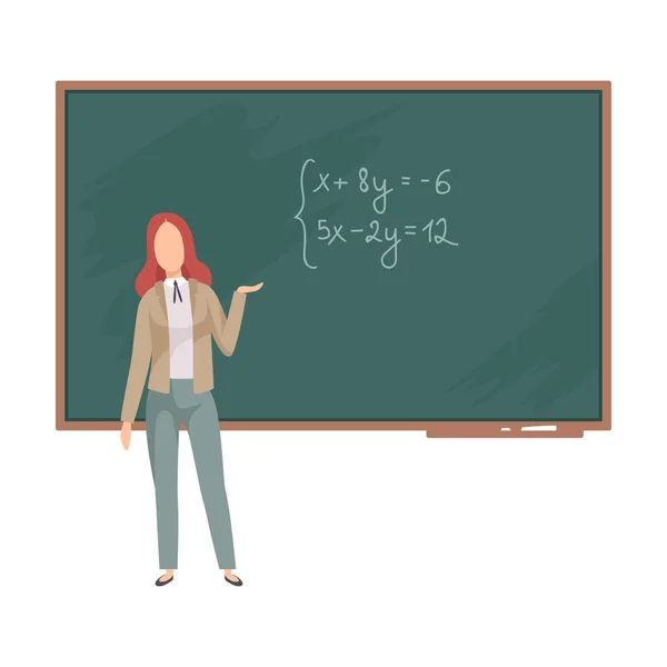 Vrouw geeft les in algebra op het bord vector illustratie — Stockvector