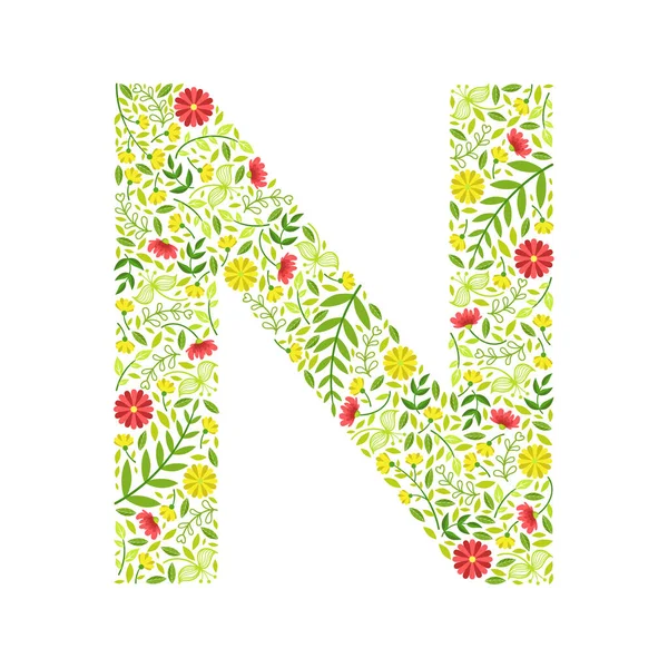 Letra mayúscula N, elemento verde del alfabeto floral, letra mayúscula hecha de hojas y flores Vector ilustración — Vector de stock