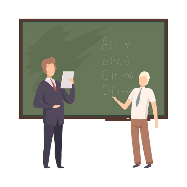 Dos hombres resuelven matemática problema vector ilustración — Vector de stock