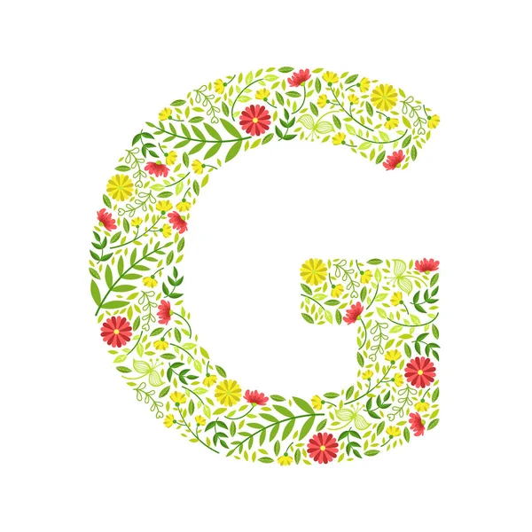 Großbuchstabe g, grünes florales Alphabet-Element, Schrift Großbuchstaben aus Blättern und Blumen Mustervektorillustration — Stockvektor