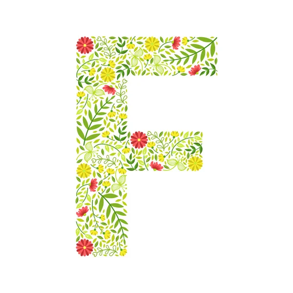 Velké písmeno F, zelený květinový abecední prvek, velké písmeno písmo vyrobené z listů a květin vzor vektorové ilustrace — Stockový vektor