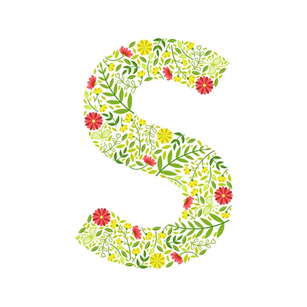 Großbuchstaben s, grünes florales Alphabet-Element, Schrift Großbuchstaben aus Blättern und Blumen Muster Vektor Illustration — Stockvektor