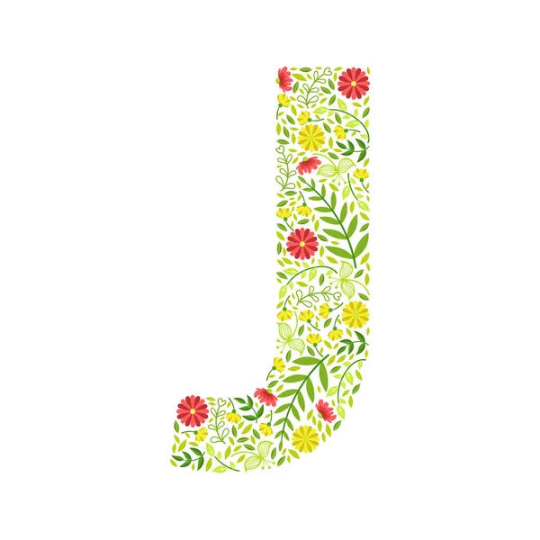 Letra mayúscula J, elemento verde del alfabeto floral, letra mayúscula hecha de hojas y flores Vector ilustración — Vector de stock