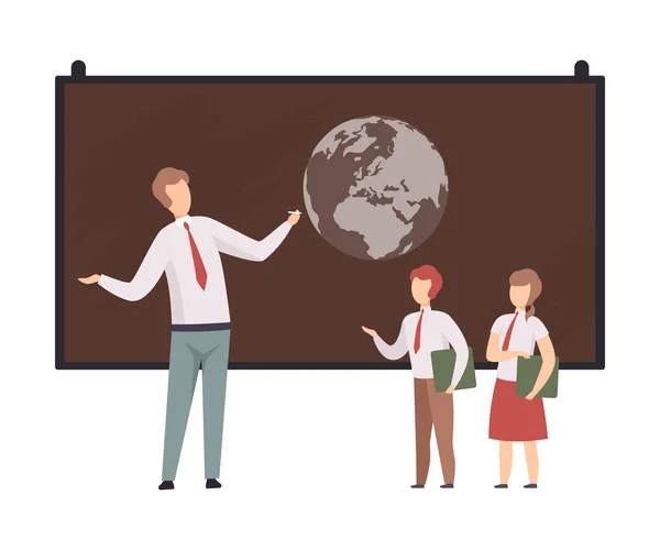 Mann zeigt Schülern die Erde auf der Tafel — Stockvektor