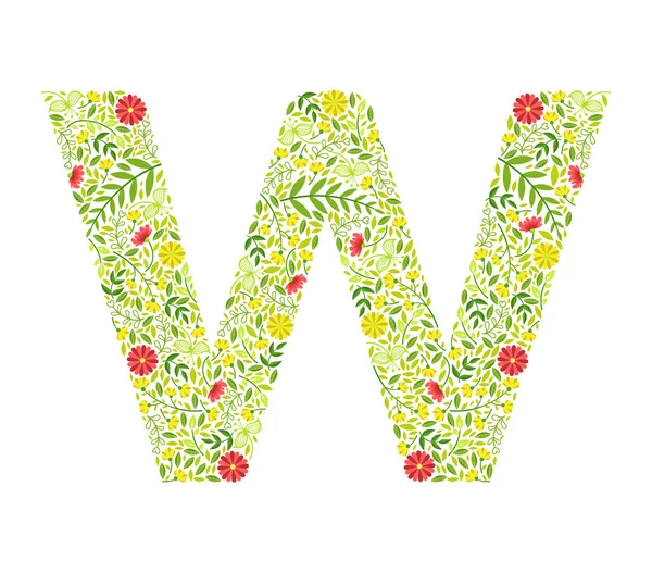 Letra mayúscula W, elemento verde del alfabeto floral, letra mayúscula hecha de hojas y flores Vector ilustración — Vector de stock