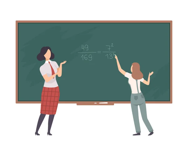 Student solve equation on blackboard with the help of teacher vector illustration — Stock Vector