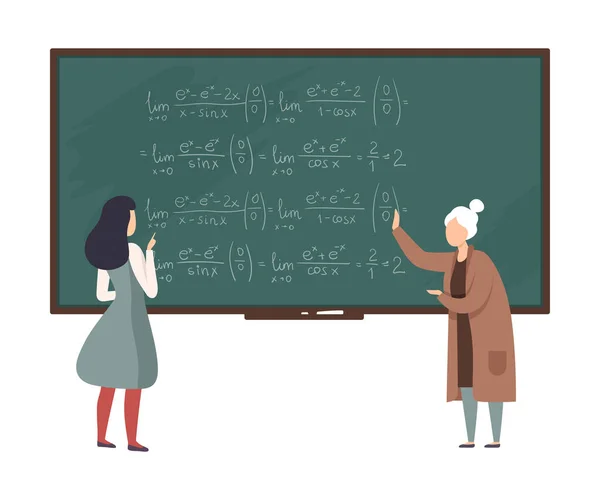 Läraren förklarar för eleven algebra på tavlan vektor illustration — Stock vektor