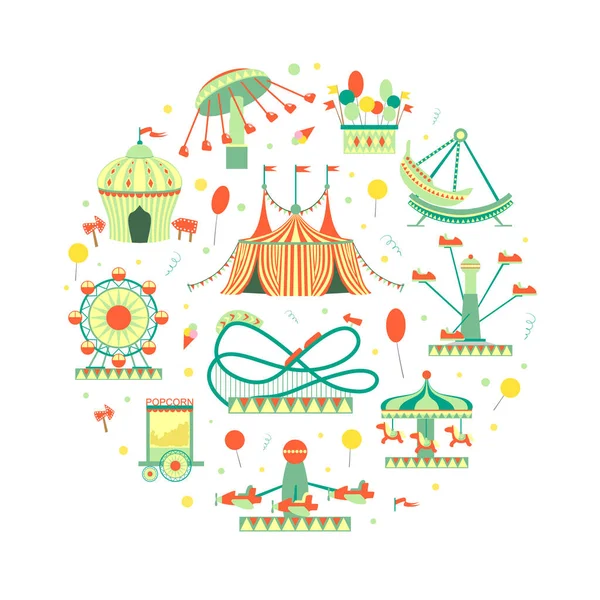 Elementos del parque de atracciones de forma circular, feria con carruseles, atracciones del parque festivo Vector Illustration — Vector de stock