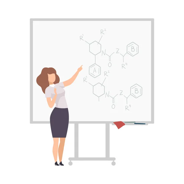 여자는 칠판 벡터 삽화에 나오는 화학 성분을 설명한다 — 스톡 벡터