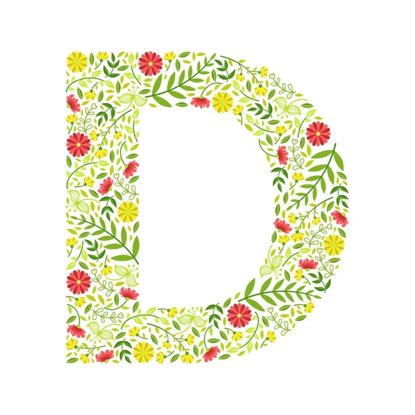 Großbuchstabe d, grünes florales Alphabet-Element, Schrift Großbuchstaben aus Blättern und Blumen Muster Vektor Illustration — Stockvektor