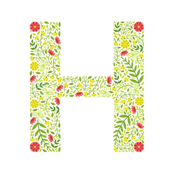 Velké písmeno H, zelený květinový abecední prvek, velké písmeno písmo vyrobené z listů a květin vzor vektorové ilustrace — Stockový vektor
