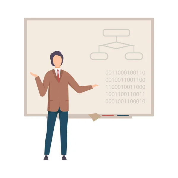 De mens staat bij het schoolbord en leert programmeervector illustratie — Stockvector