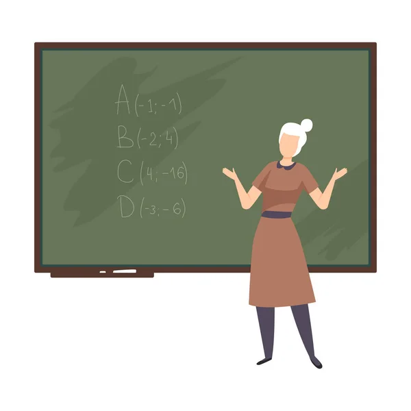 Vrouw staat in de buurt van schoolbord en leren vector illustratie — Stockvector