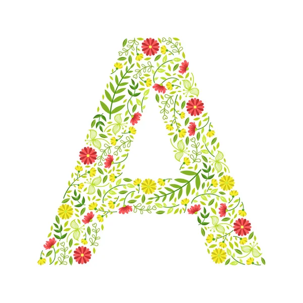 Großbuchstabe a, grünes florales Alphabet-Element, Schrift Großbuchstaben aus Blättern und Blumen Muster Vektor Illustration — Stockvektor