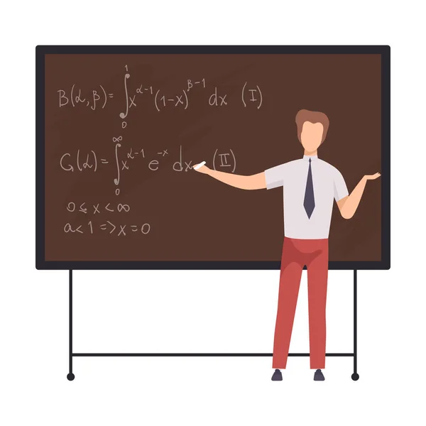 Man solves the equation on the board vector illustration — ストックベクタ