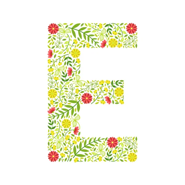 Großbuchstabe e, grünes florales Alphabet-Element, Schrift Großbuchstaben aus Blättern und Blumen Muster Vektor Illustration — Stockvektor