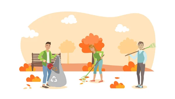 People Volunteers Cleaning up Autumn Leaves in the City Park Vector Illustration — Stock Vector