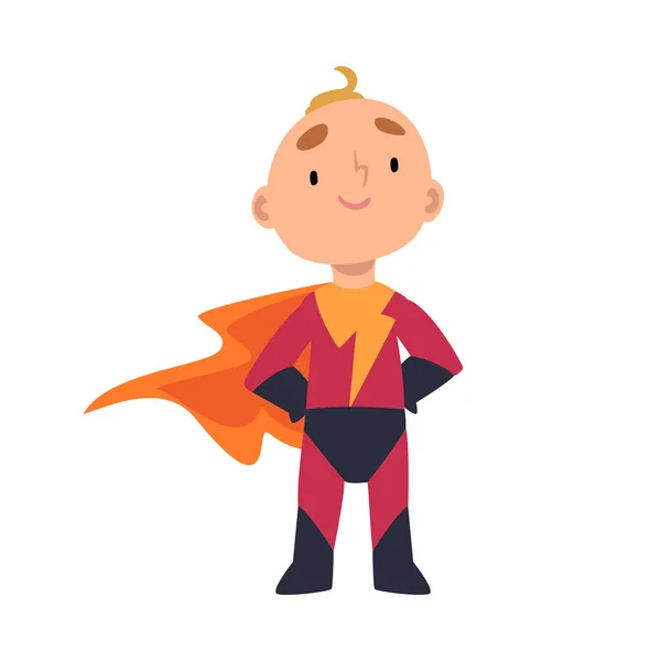 Menino fica em super herói traje vetor desenho animado ilustração — Vetor de Stock