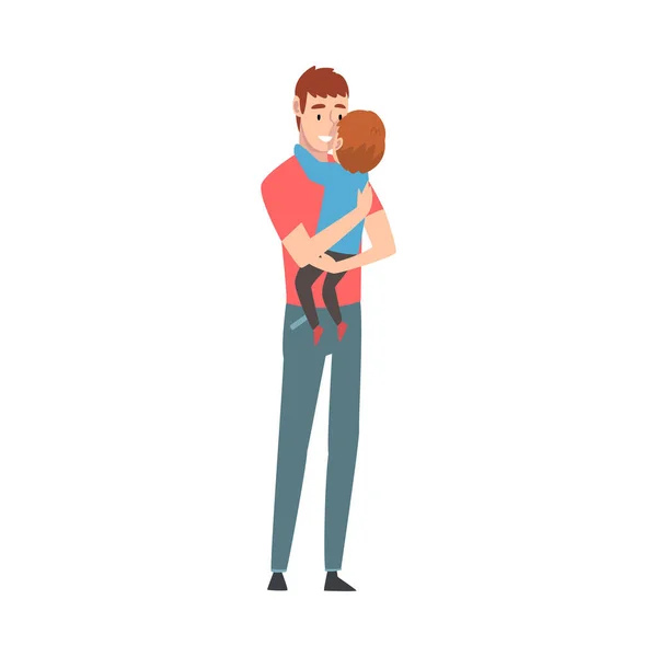Pai segura pequeno filho em seus braços desenho animado ilustração vetorial —  Vetores de Stock