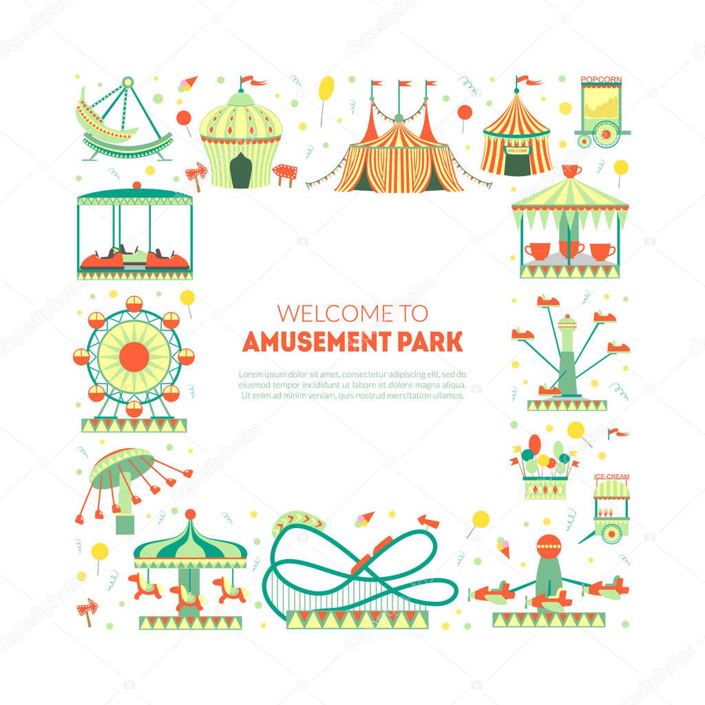 Welcome to Amusement Park Banner Template with Carousels, Festive Park Attractions and Space for Text Vector Illustration