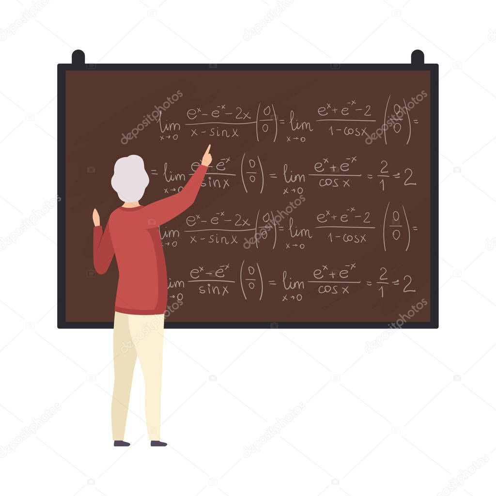 Teacher explains algebra on the blackboard vector illustration