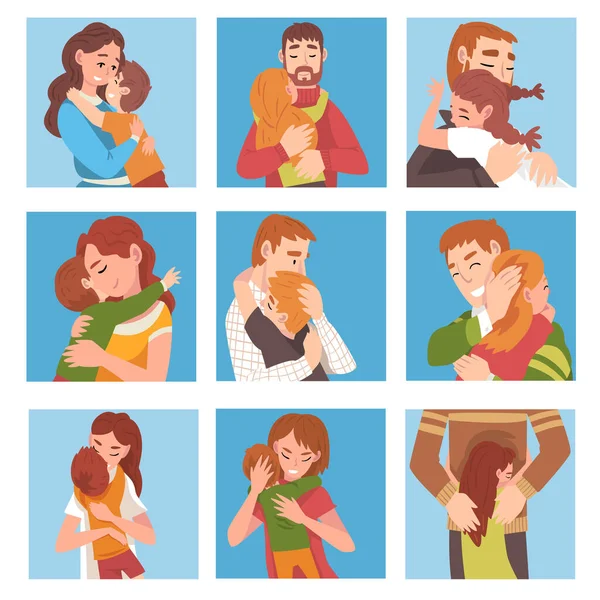 Set of people. Family characters are hugging cartoon vector illustration — Stock Vector