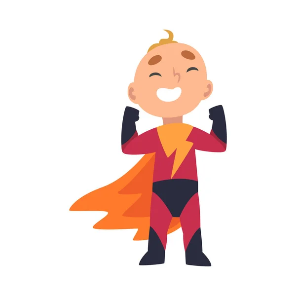 Niño en un disfraz de superhéroe se regocija sosteniendo sus puños hasta ilustración vector de dibujos animados — Vector de stock