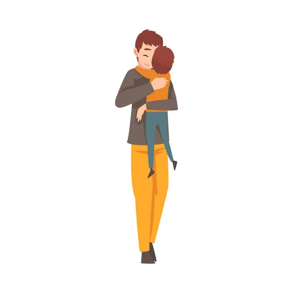 Padre abbraccia bambino chiudendo gli occhi cartone animato vettoriale illustrazione — Vettoriale Stock