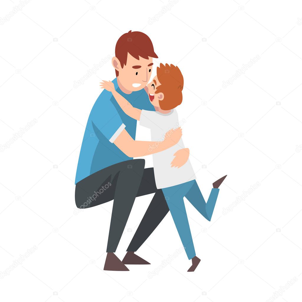 Man crouched down and hugs the child cartoon vector illustration