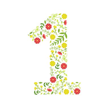 Bir numara, Yaprak ve Çiçeklerden Yapılan Yeşil Çiçek Numarası Kalıp Vektör İllüstrasyonu