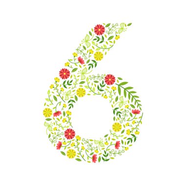 6 Numara, Yaprak ve Çiçeklerden Yapılan Yeşil Çiçek Numarası Kalıp Vektör İllüstrasyonu