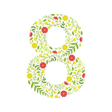 8 Numara, Yaprak ve Çiçeklerden Yapılan Yeşil Çiçek Numarası Kalıp Vektör İllüstrasyonu