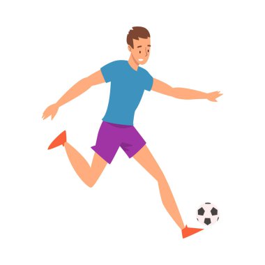 Spor Üniformalı Futbolcu Topla Koşuyor, Profesyonel Atletizm Karakteri Eylem Vektörü İllüstrasyonu